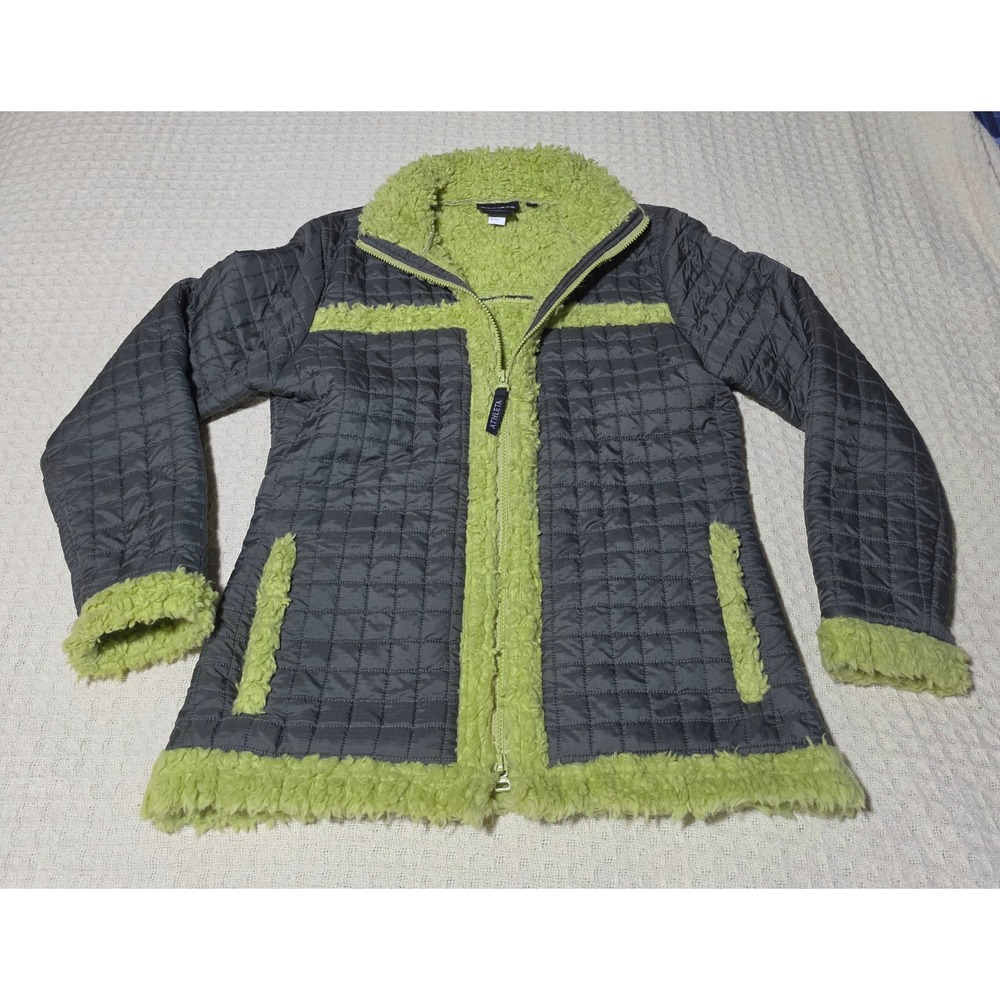 Athleta Quilted Ripstop Jacket Small Grey Lime Green Sherpa Faux Fur Zip Up